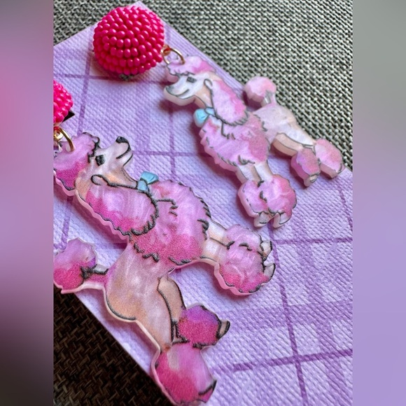 New Fun Acrylic Pink Poodle Dog w/ Beads Statement Dangle Earrings - 2.75” - Picture 3 of 5